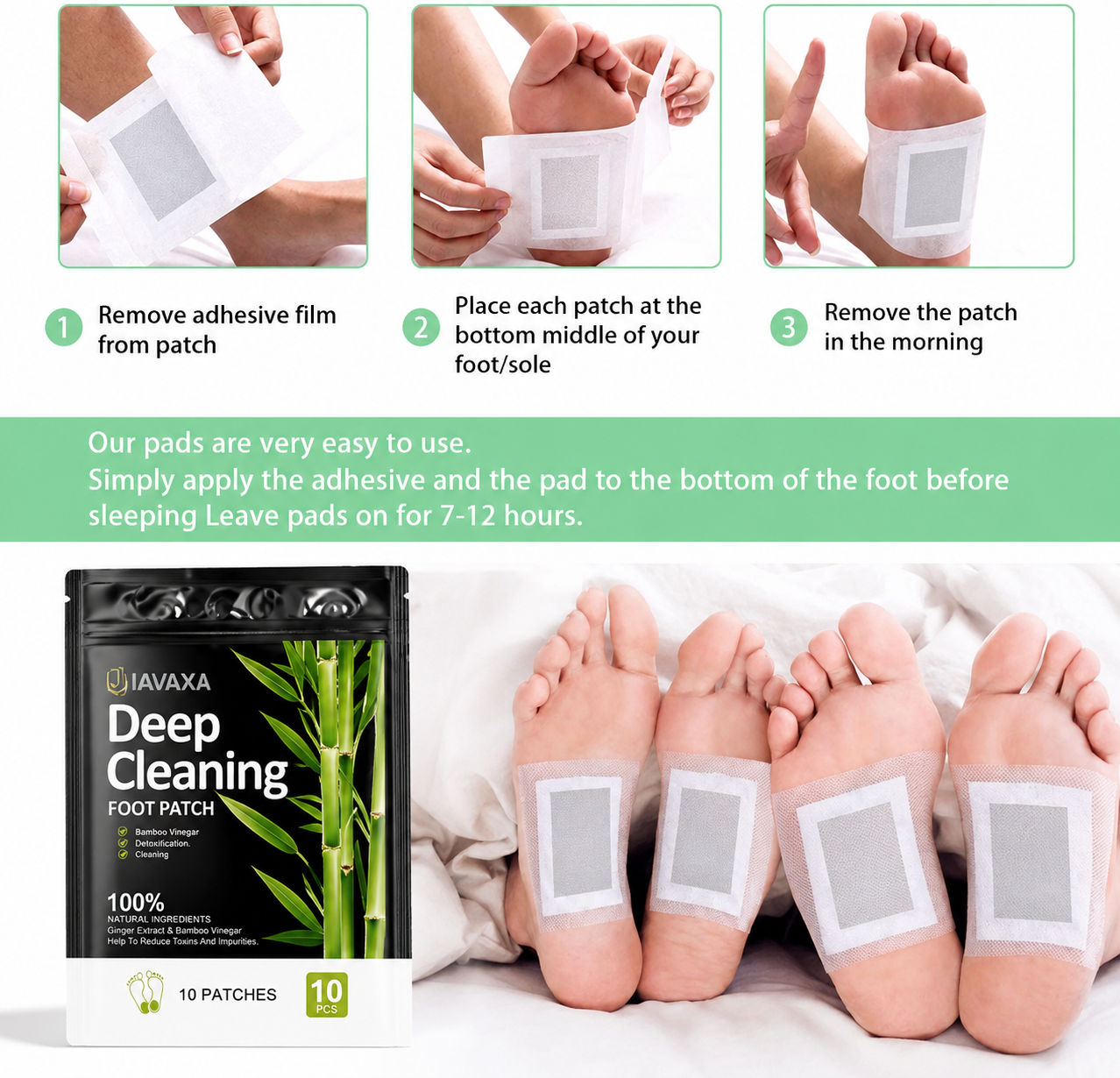 Deep Cleaning Bamboo Foot Detox Patch | Overnight Herbal Foot Care | 10-Pack