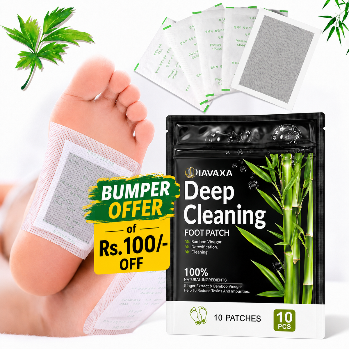 Deep Cleaning Bamboo Foot Detox Patch | Overnight Herbal Foot Care | 10-Pack