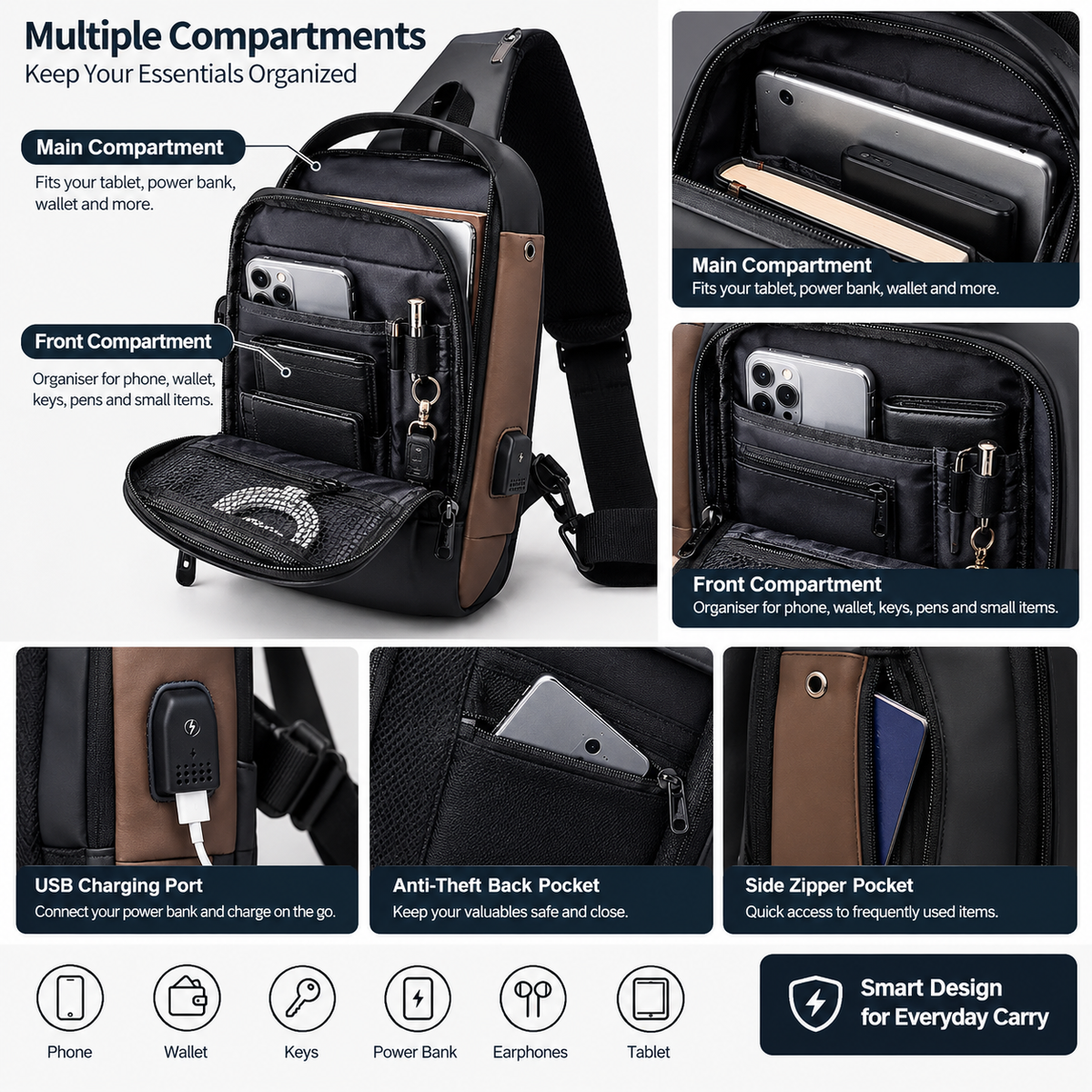 Anti-Theft Cross Body Bag with USB Charging Port