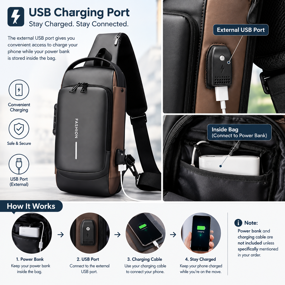Anti-Theft Cross Body Bag with USB Charging Port