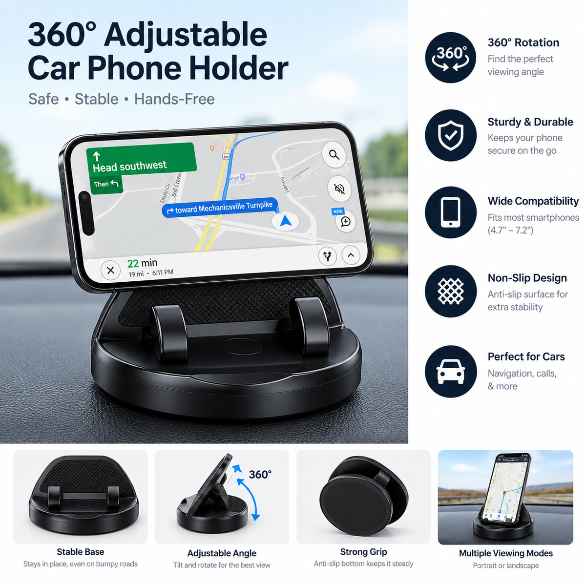 Dashboard Car Phone Holder | Adjustable Anti-Slip Mobile Stand