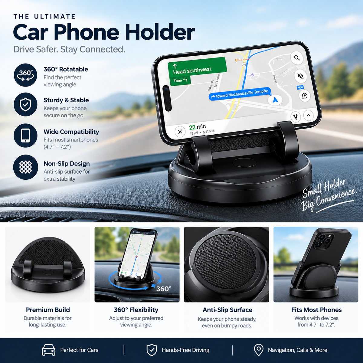 Dashboard Car Phone Holder | Adjustable Anti-Slip Mobile Stand