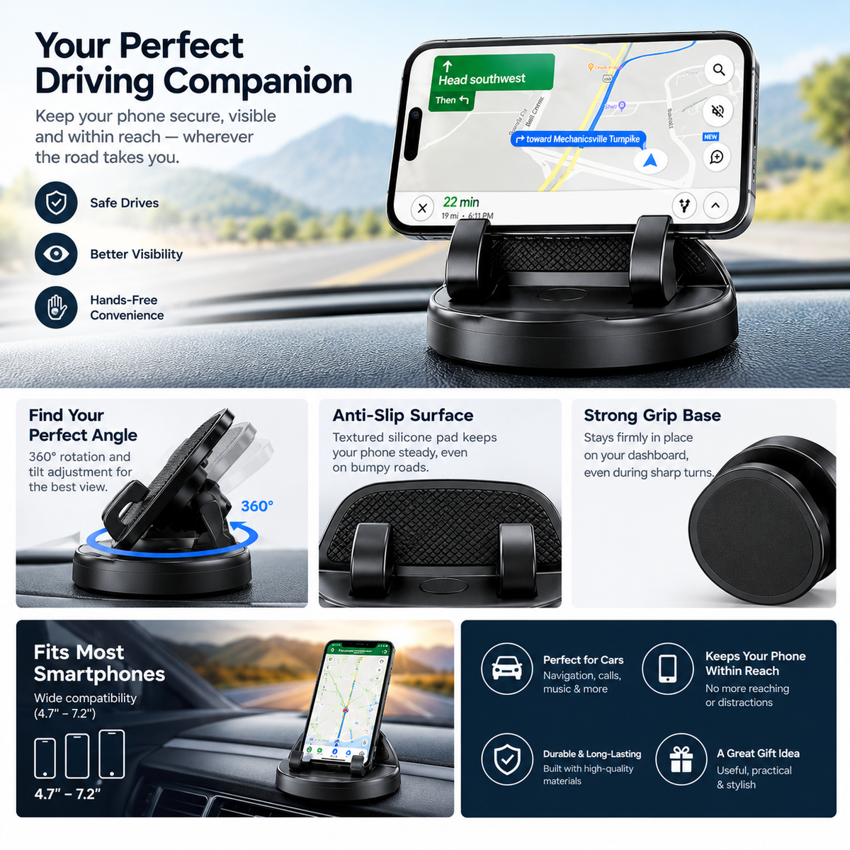Dashboard Car Phone Holder | Adjustable Anti-Slip Mobile Stand