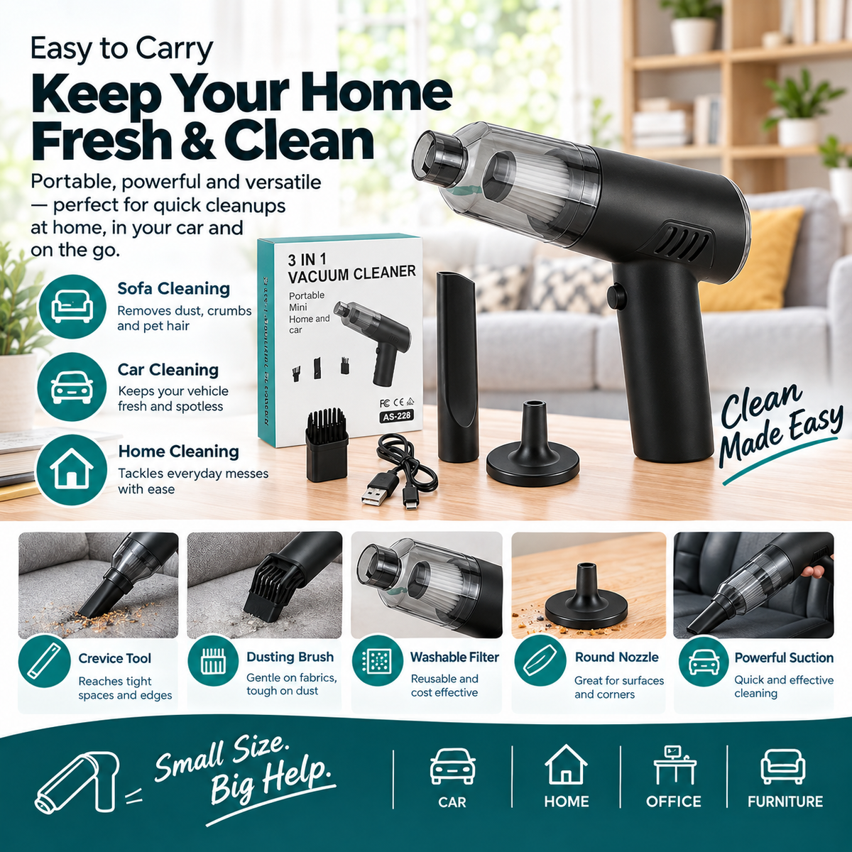 Handheld Vacuum Cleaner | Lightweight Portable Vacuum for Home, Car & Pet Hair